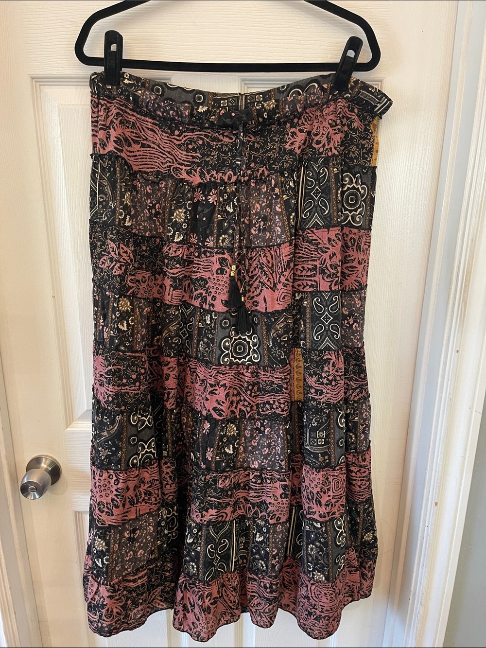 Boho Tiered Maxi Skirt in Pink and Black